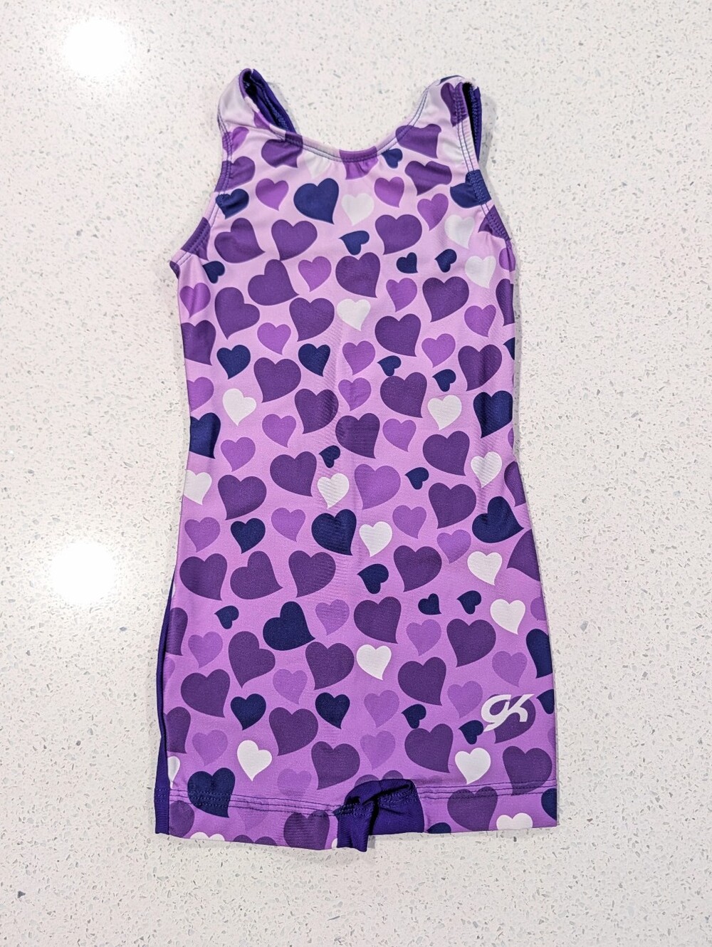 CUTE TINY TODDLER GK ELITE Gymnastics Dance Leotard 2XS 3/4 Unitard HEARTS LOVE